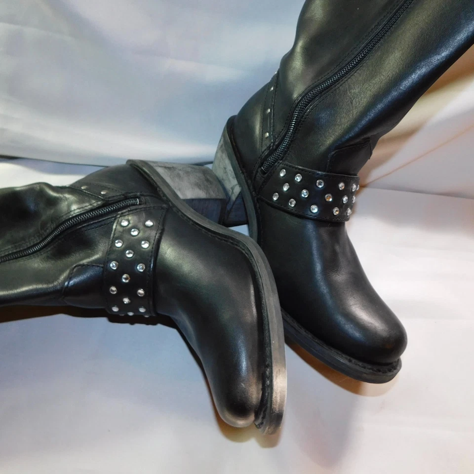 Harley-Davidson Mujer 8 Negro Cuero Arnés Botas Macie Moto Estrás Y2k Foto 2 de 4