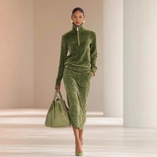 Womens Sporty Leopard-print Stand-collar Long-sleeve Top And Skirt Two-piece Set