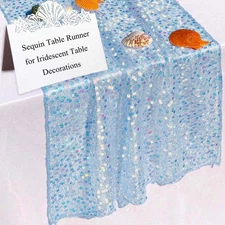 Blue Sequin Table Runner, 10 Ft 1 Pack, Perfect for 6 - 8 Ft Tables, Iridesce...