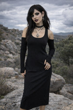 ASOS Black Rib Knit Midi Dress Size 14 Cold Shoulder Gothic Witchy Sheath NEW