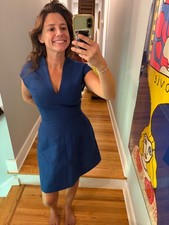 Halston Heritage Blue Deep V Mini Dress Size 4 Structured Cap Sleeve