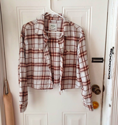 American Eagle S Brown White Plaid Flannel Cotton Long Sleeve Button-Up Shirt
