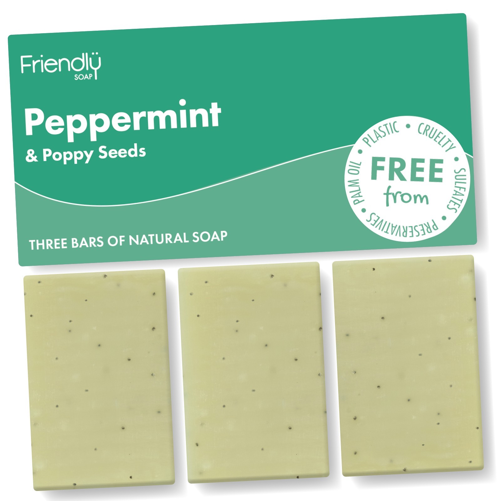 Friendly Soap - 3 Pack - Natural Soap - Peppermint & Poppyseed – 3 x 95g Vegan