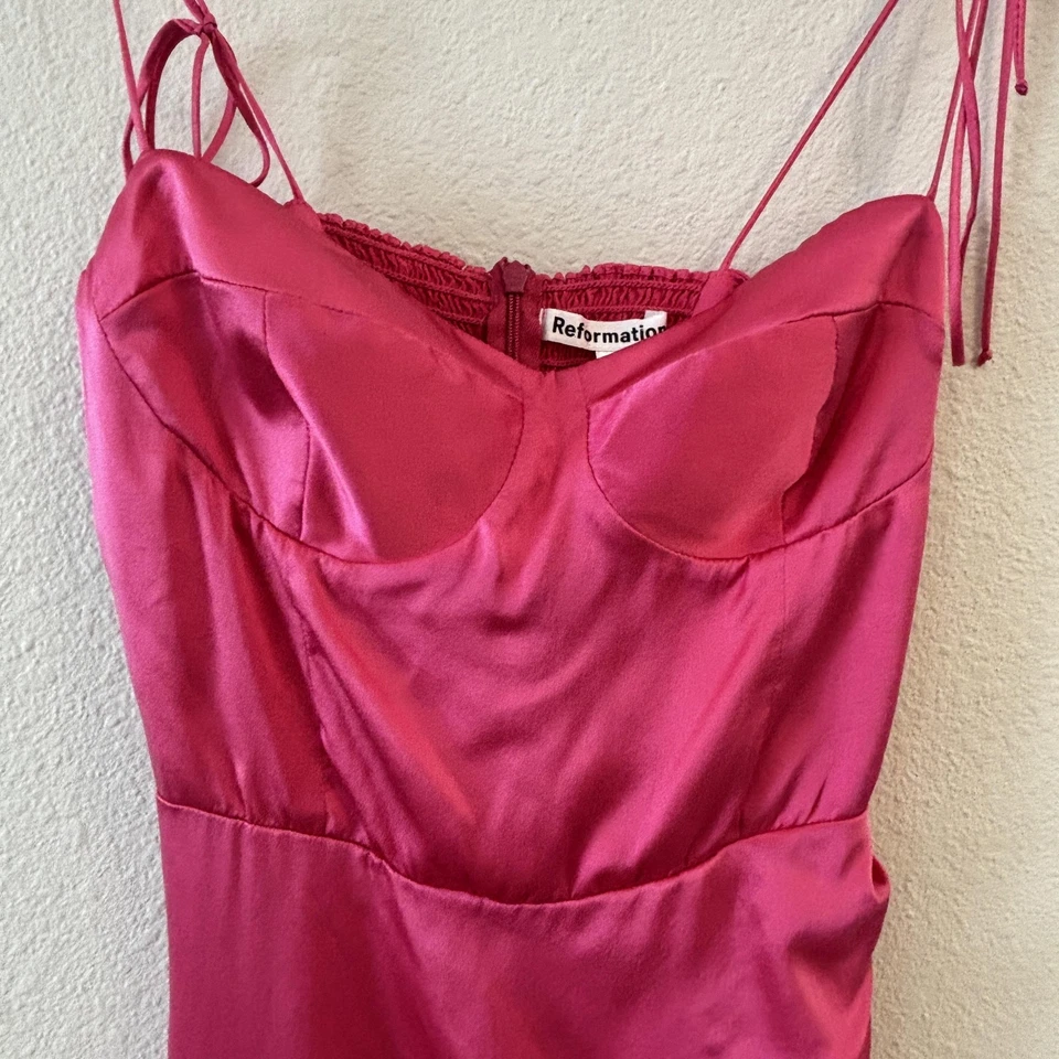 Reformation Womens Pink Silk Slip Dress Size 4 Ruched Midi Spaghetti Tie Straps - Image 4 of 4