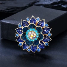 Women's Blue Crystal Rhinestone Enamel Large Lotus Flower Brooch Pin