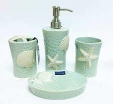 4 PC SET,CERAMIC TEAL GREEN,STAR FISH,SHELL,3D,SOAP DISPENSER,DISH,TUMBLER,TOOTH