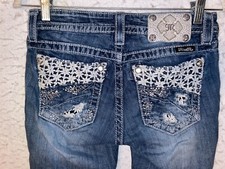 Miss Me Denim Jeans Mid Rise Skinny Distressed Embroidered Size 26 Bling Lace