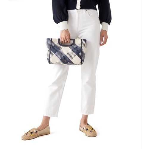 🔥NWT KATE SPADE ALEXIA GINGHAM CROSSBODY STRAW/LEATHER BLAZER BLUE SHOULDER BAG - Picture 4 of 4