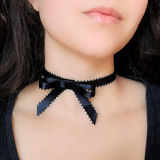 Black Satin Bow Choker Victorian Necklace Cute Gothic Lolita