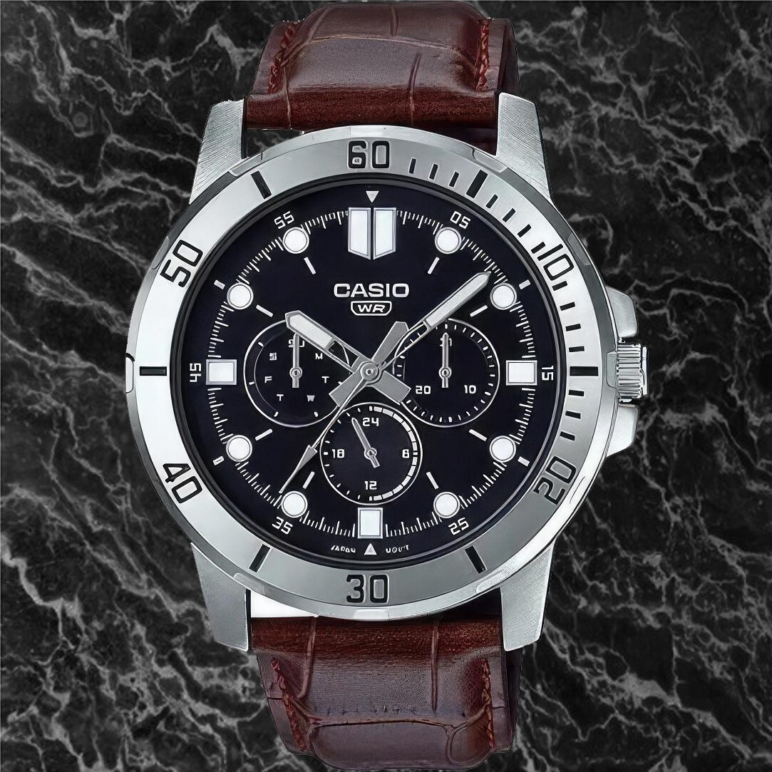 Casio MTP-VD300L-1E Men's Black Dial Analog Watch Red Leather Band