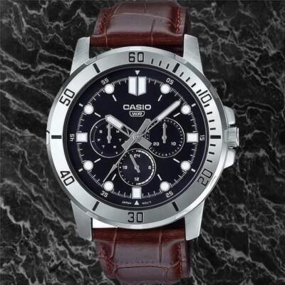 Casio MTP-VD300L-1E Men's Black Dial Analog Watch Red Leather Band