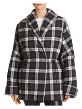Divine Heritage Womens Black Drawtring Waist Kimono Plaid Puffer Jacket Coat S