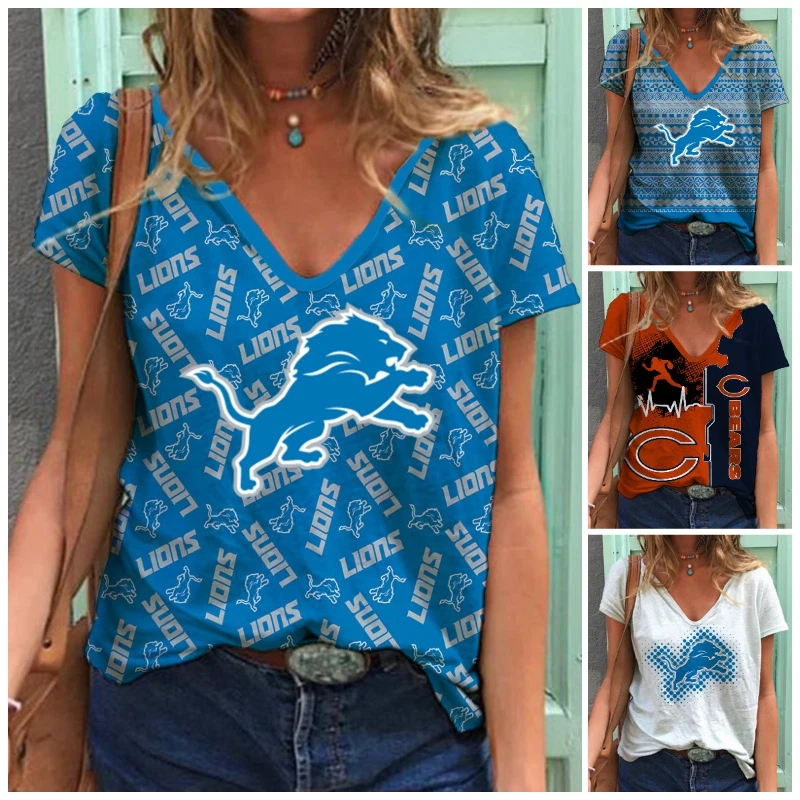 Detroit Lions Women’s Short Sleeve T Shirt V-Neck Sport Tops Loose T-shirt