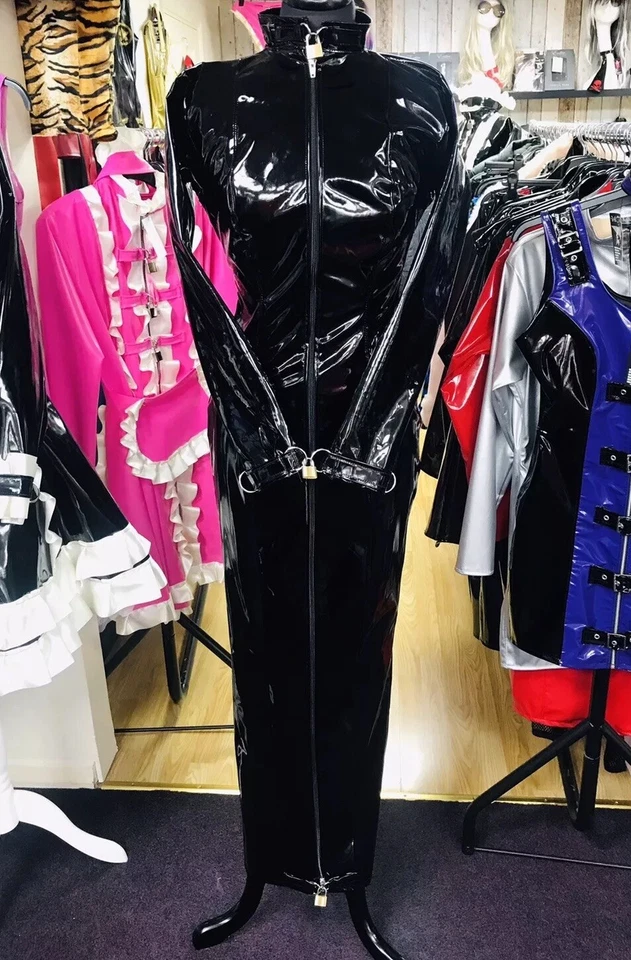 Misfitz blk PVC padlock hobble dress, two way zip. Lockable cuffs.  SIZE 26. CD - image 3 of 4