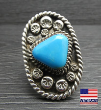 Vintage Sterling Silver Wide Native American Blue Turquoise Band Ring Size 13.75