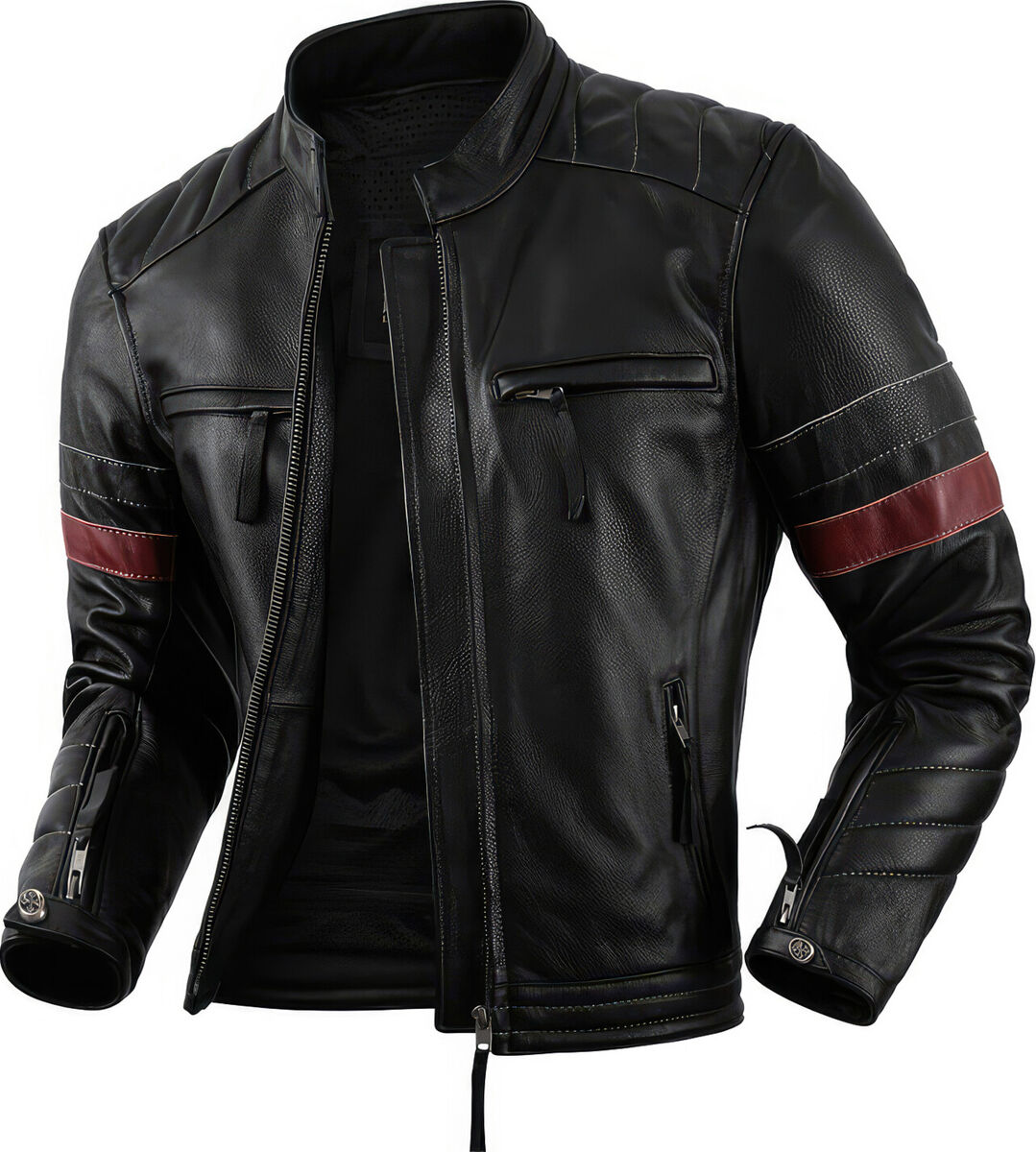 Men’s Genuine Cowhide Stand Collar Retro Red Strip Black Biker Leather Jacket Men’s Genuine Cowhide Stand Collar Retro Red Strip Black Biker Leather Jacket