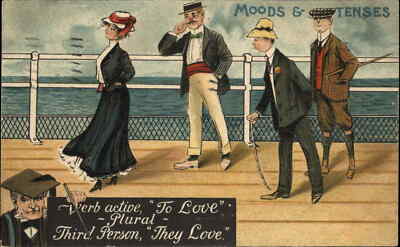 Language Linguistics Humor Men Admire Pretty Woman ''They Love'' c1910 Postcard