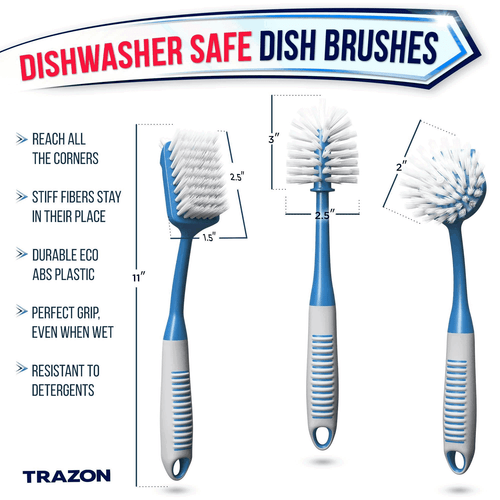 Dish Brush Set of 3 with Bottle Water Brush Dish Scrub Blue Dishwasher Safe - Picture 2 of 8