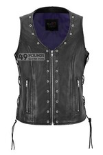 Ladies Bikers Waistcoat Eyelet Laced Design Real Leather Punk Gothic Rock Vest 