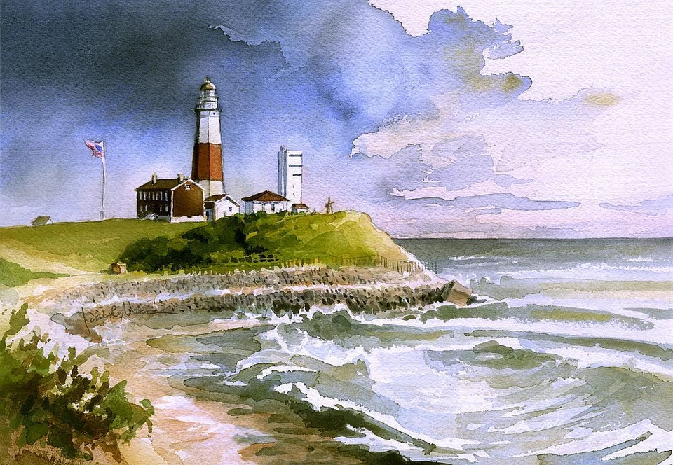 BELLA TERRA PUBLISHING Montauk Lighthouse, Long Island NY. Surf & Clouds. James Mann Art Notecards