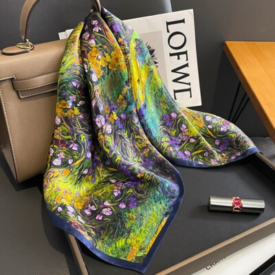 100% Silk 27'' Square Scarf Women Neckerchief Wrap Bandana Floral Oil Painting