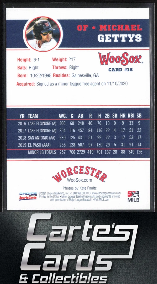 Michael Gettys 2021 Choice Worcester Red Sox #18 Worcester Red Sox - Image 2 of 2