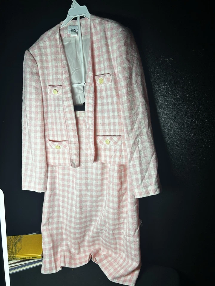 Conjunto de blazer y falda vintage para mujer rosa y blanco a cuadros negocios conjunto informal  Foto 4 de 4