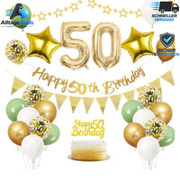Deko Set 50. Geburtstag SalbeigrüN Luftballons Banner Tortendeko GrüN Weiß Gold