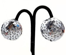 Vintage Retro Silver Sequin Disco Ball Style Clip Earrings