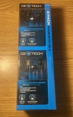 2 Pack of Ce Tech In Ear Headphones With Bonus Carrying Case - MP3, SmartPhones