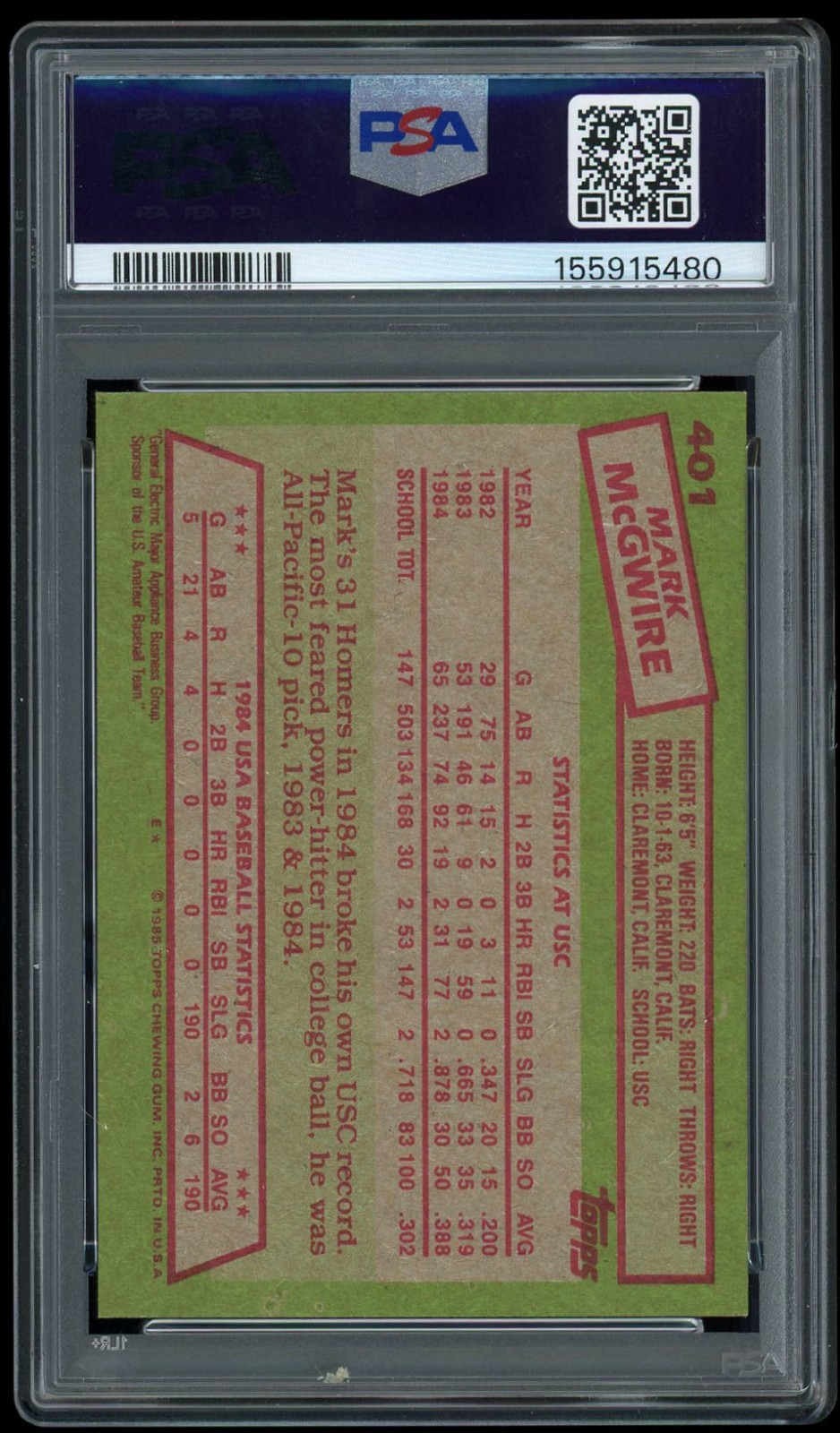 Mark McGwire 1985 Topps USA Baseball Rookie RC 401 PSA 9 MINT view 2