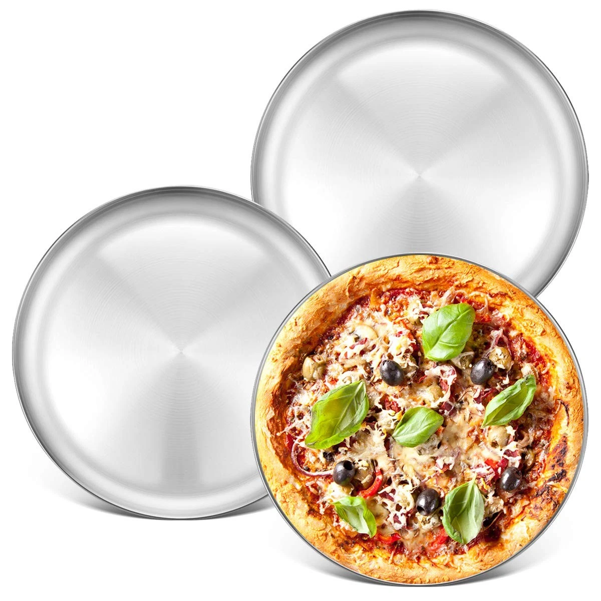 Deedro Stainless Steel Pizza Pan 13½ inch Round Tray 3 Pack, Silver