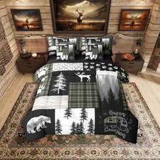 7Pc Rustic Cabin Bear Queen Comforter Set, Deer Hunting Woodland Forest Bedding