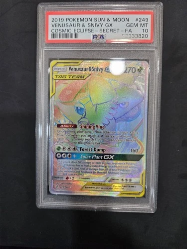 Venusaur & Snivy GX Secret Rainbow Rare 249/236 Cosmic Eclipse Tag Team PSA 10