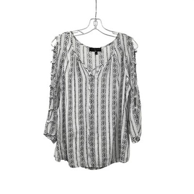 Fred David Womens Sheer Blouse Cut Out Ladder Sleeve White/Gray Size Large