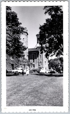 Vtg B&W Snapshot Two Women By Large Stone Gothic Building & 1950s Cars 1956