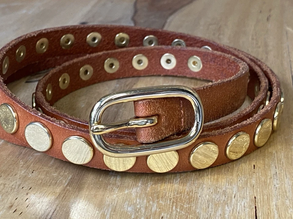 Linea Pelle Studded Skinny Belt Brown Leather Gold Brass Studs VTG Blake Sz Med - Image 2 of 4