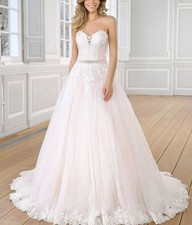 Vintage Lace Wedding Dress Bridal Gown 32-60 Buttons N.Measurement Pink Waistband