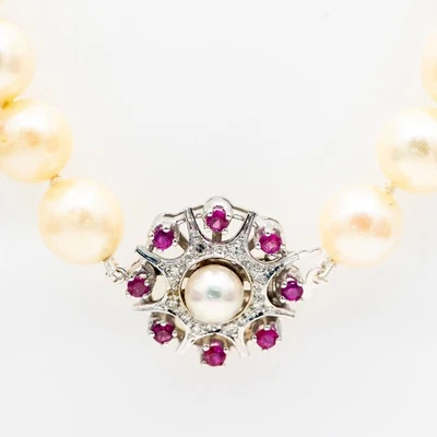 Collier 585/14K Weißgold Diamanten 0,08ct Rubine 0,4ct Akoya Perlen 43cm - Bild 1 von 2