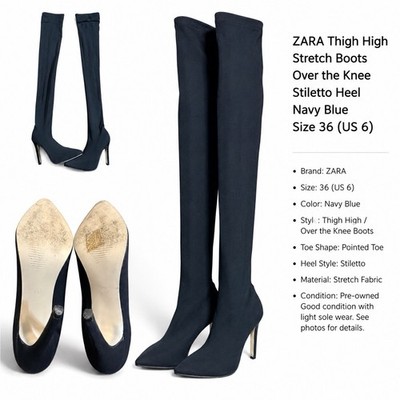 ZARA Thigh High Stretch Boots Over Knee Stiletto Black Size 36
