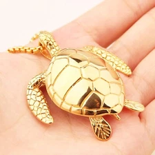 Large Gold Sea Turtle Pendant Necklace Stainless Steel Big Jewelry Men, Womans