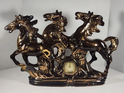 VINTAGE ANKER GERMANY HORSES RUNNING COPPER TONED CERAMIC MANTLE SCULPTURE CLOCK
