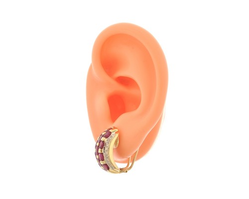 14K Yellow Gold Oval Ruby & .20 Carat Round Diamond Omega Back Earrings - Picture 6 of 6