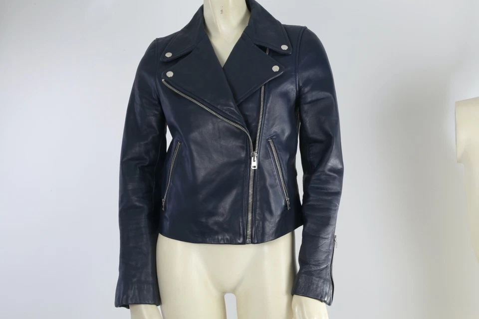 J. Chaqueta de moto CREW Collection cuero azul marino con cremallera talla 2 Foto 4 de 4