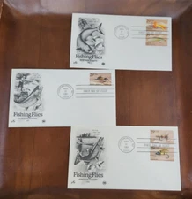 5 Vtg 1991 1st Day of Issue Canceled Fishing Flies Postage Stamps on 3 Envelopes
