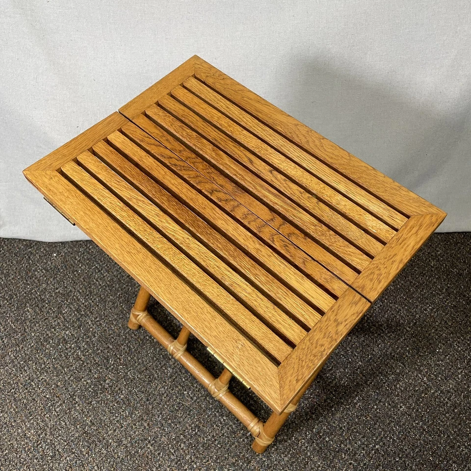 VINTAGE McGuire Rattan Oak Campaign Folding Drink Side Table Pinch Finger Bamboo - Image 3 of 4