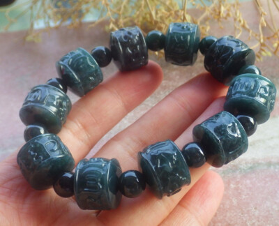 Video Certified Green A JADE Jadeite Beads Bangle Mantra Bracelet 六字真言 697841 AS