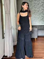 Black Jia Viscose Chikankari Strappy Kurta Set Lucknow Chikankari Handmade Set