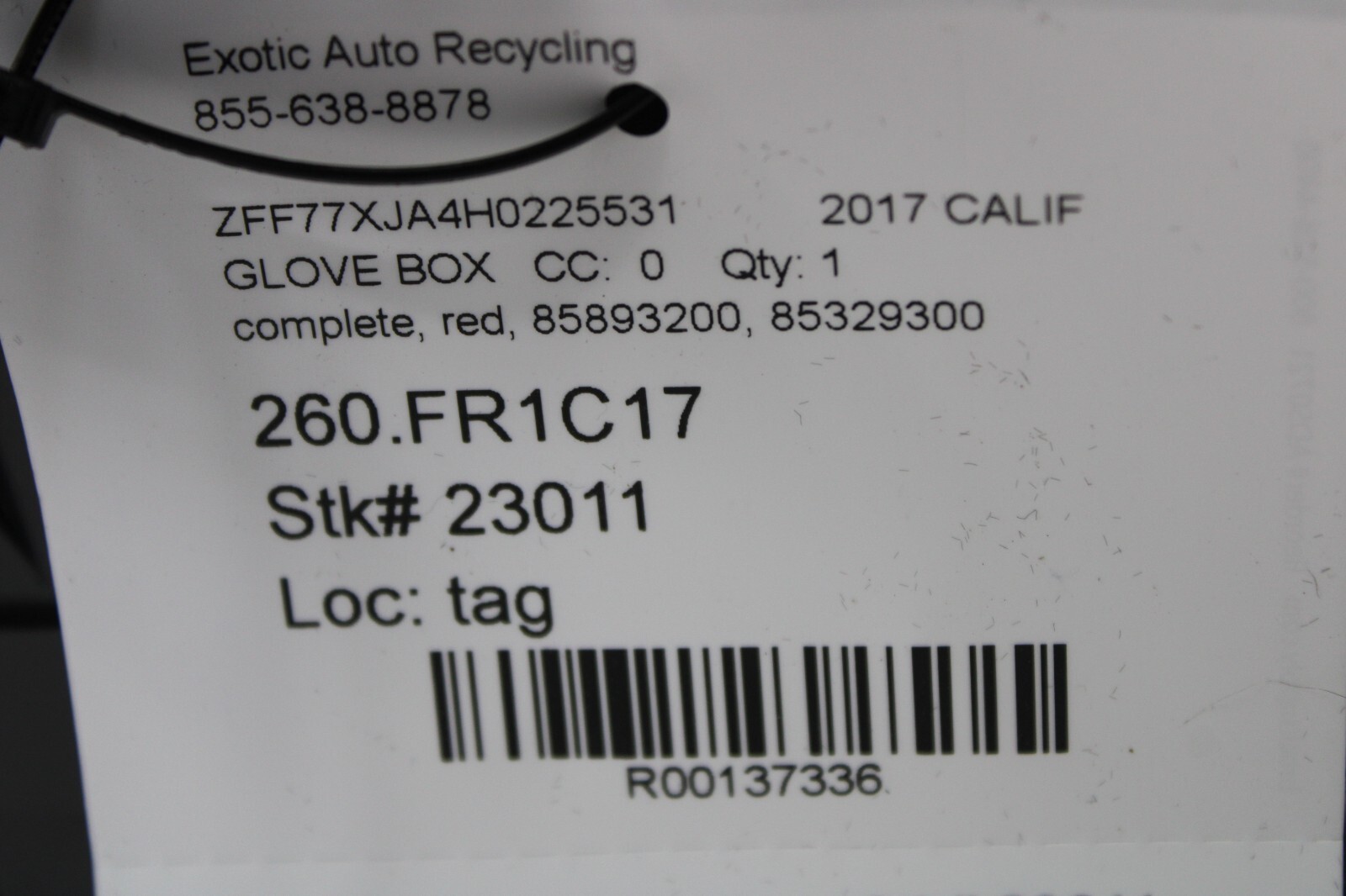 Ferrari California T, Glove Box, Complete, Red, Used, P/N 85893200, 85329300
