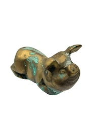 Solid Brass Smiling Bowing Pig Figurine Heavy Whimsical Oxidized Blue-ish Patina